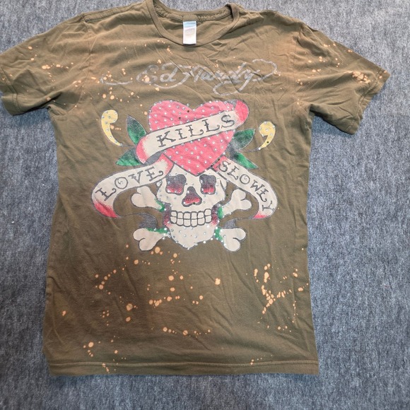 Ed Hardy Other - Ed Hardy Love Kills Slowly Rhinestone Bleach Splatter T-Shirt Olive Green M